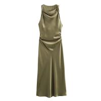 TRAF 2024 vestido Midi de satén fruncido para mujer, vestido largo sin mangas de verano para mujer, vestidos de fiesta elegantes plisados - details 8