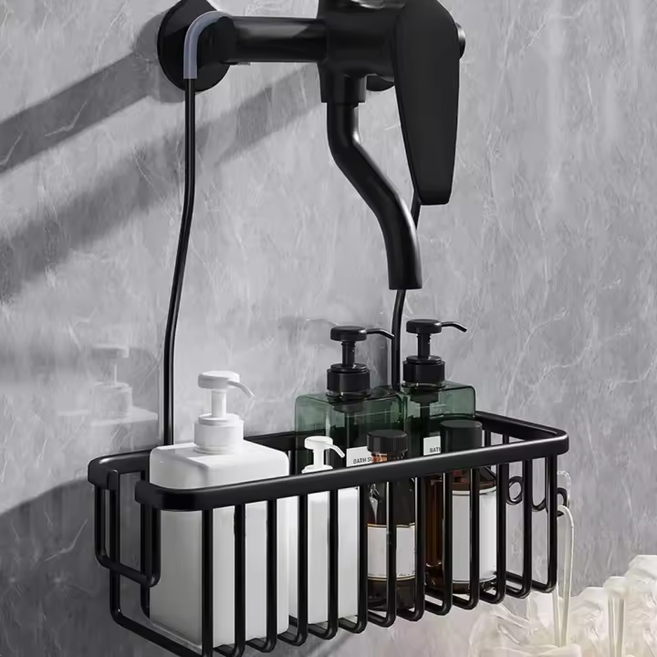 Cesta de ducha colgante plateada/negra/gris, a prueba de herrumbre con ganchos, estante colgante para baño, colgador de grifo de aluminio de gran capacidad para el hogar - 1