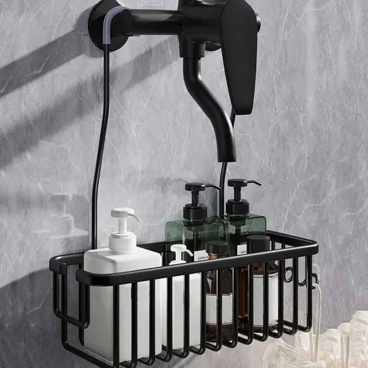 Cesta de ducha colgante plateada/negra/gris, a prueba de herrumbre con ganchos, estante colgante para baño, colgador de grifo de aluminio de gran capacidad para el hogar - 1