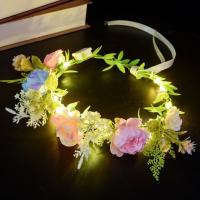 Diadema con corona de flores de rosas de imitación, diadema con corona luminosa brillante, Tiara de tela, guirnalda de luz LED, accesorios para fotos - details 4
