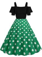 Vestido de fiesta Vintage elegante con hombros descubiertos, vestidos Midi de línea A con volantes y lunares de verano para mujer - details 2
