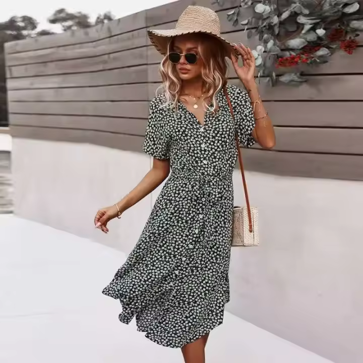 Verano Mujer ral estampado pantalón corto Casual manga botón vacaciones Midi vestidos mujer cuello pico playa vestido bata - 1