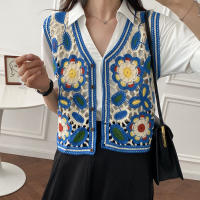 Chaleco sin mangas con botones para mujer, cárdigan de punto Floral, Tops coreanos, prendas de vestir exteriores - details 0