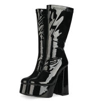 Botas de longitud media para mujer, con plataforma impermeable, tacón grueso, cremallera lateral, botas de moda de charol, Otoño/Invierno 2025 - details 26