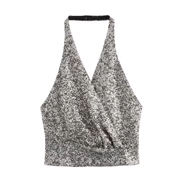 - Top plateado V-n para mujer, camiseta sin mangas decorativa con lentejuelas y espalda descubierta, top de verano para mujer - 1