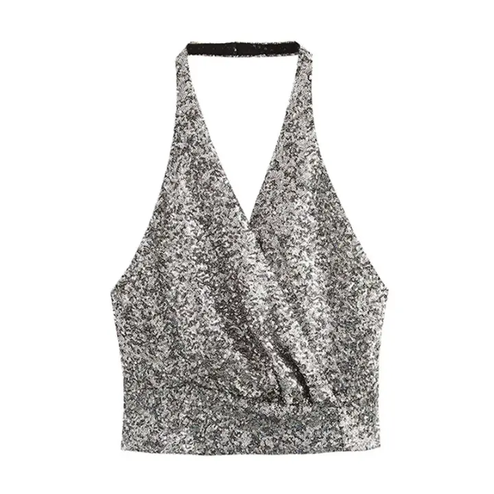 - Top plateado V-n para mujer, camiseta sin mangas decorativa con lentejuelas y espalda descubierta, top de verano para mujer - 1