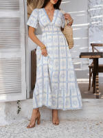 2025 Primavera / Verano Casual Bomisia Vacaciones Estilo Estampado Contraste Color Cuello en V Cintura alta Vestido de manga corta - details 22