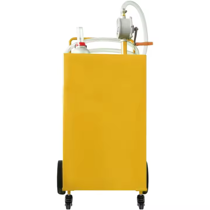 SucceBuy Bidón de combustible de 30 galones, tanque de gasolina y 4 ruedas, bomba manual, gasolina/diésel/queroseno, automóviles, cortadoras de césped, vehículos todo terreno, barcos, 12 V, acero, azul - 1