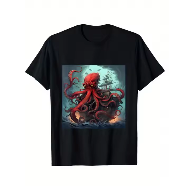 Camiseta holgada de manga corta con diseño de barco pirata y pulpo gigante en el océano, para hombre y mujer, informal y cómoda, 100% algodón, tallas S-XXXL. - 1