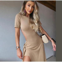 Vestido Midi con abertura en la cintura para mujer, traje Sexy de manga corta con cuello redondo, color liso, para vacaciones - details 3