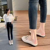 Mocasines de piel auténtica para mujer, cadena de tacón bajo, tacón grueso, tacones altos, zapatos de mujer antideslizantes con punta redonda, albaricoque de primavera - details 5