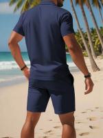 Traje casual de verano para hombre: polo ligero de manga corta para golf y pantalones cortos con cordón de color sólido con bolsillos - details 1