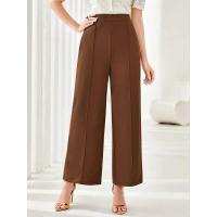 Pantalones de vestir coreanos elásticos cómodos y elegantes de cintura alta anchos de pierna recta marrón para mujer - details 4