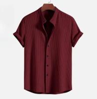 Camisa de manga corta a rayas Vtical para hombre con cuello alto, Top holgado informal de gran tamaño a la moda para playa, Color sólido, - details 0