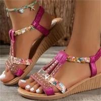Women Wedge Sandals Rhinestone Braided Band Elastic Strap Slip On Shoes Versatile Outdoor Beach Sandals - details 7