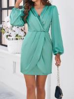 Vestido corto de manga larga con cuello en V para mujer, prenda de diseño elegante, color liso, novedad primavera 2025 - details 14