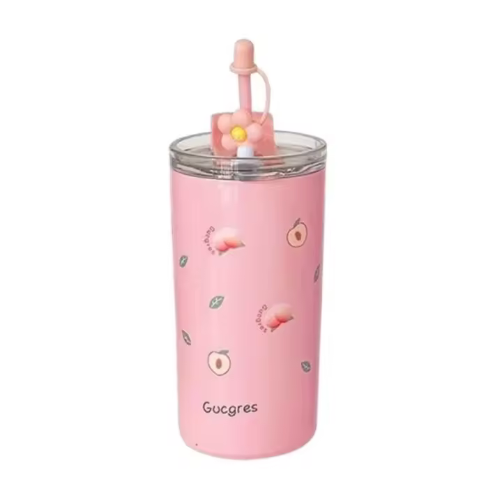 Termo doble duradero de 480 ml a prueba de fugas con tapa, tazas de café con pajita, botella de agua de acero inoxidable para viaje - 1