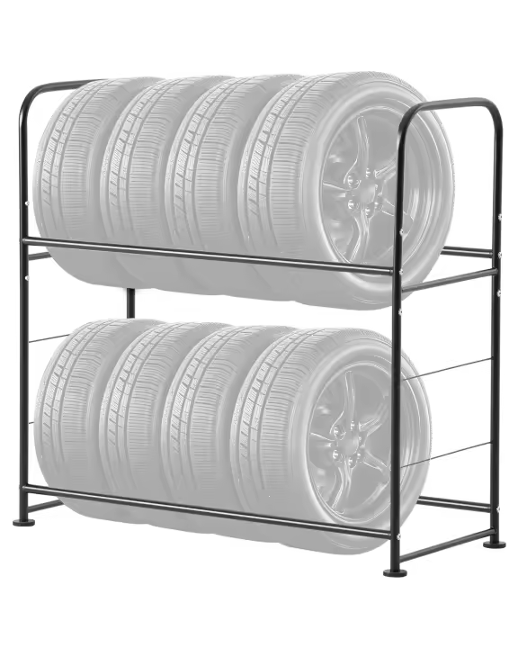 SucceBuy Estante para almacenamiento de neumáticos, soporte para neumáticos de acero de 2 estantes, altura ajustable, capacidad para 8 neumáticos, taller de garaje, capacidad de carga de 180 kg - 1