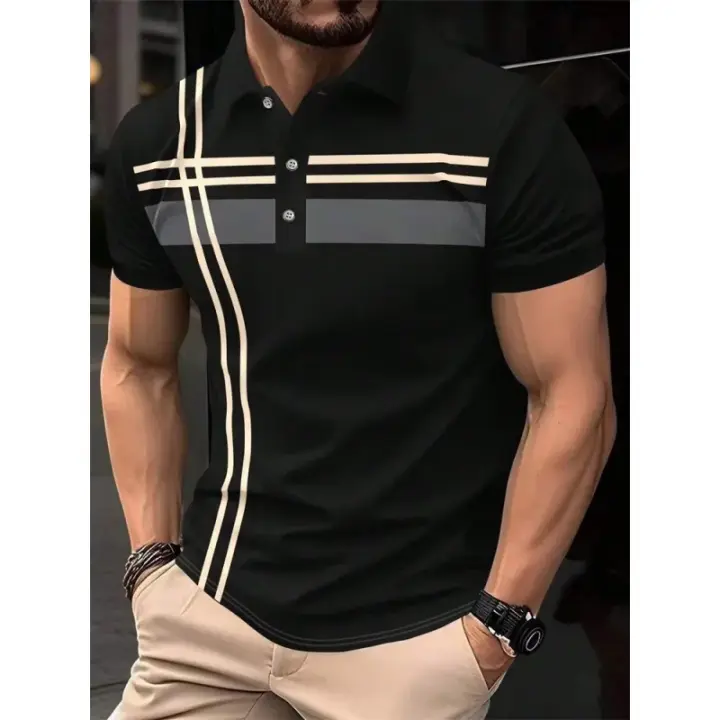 Polo de rayas coloridas con estampado 3D para hombre, camisetas de manga corta con patrón, camisetas informales con solapa, Polos de gran tamaño - 1