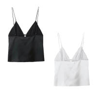 TRAFZA-Top corto de satén de seda con cuello en V para mujer, Top Sexy con textura, Color sólido, chaleco con lazo, Top corto sin mangas, 2024 - details 3