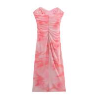 TRAFZA, vestidos estampados de estilo playero de verano para mujer, sin tirantes, sin mangas, plisado con cremallera, vestido Midi de tul con dobladillo dividido y espalda descubierta - details 2
