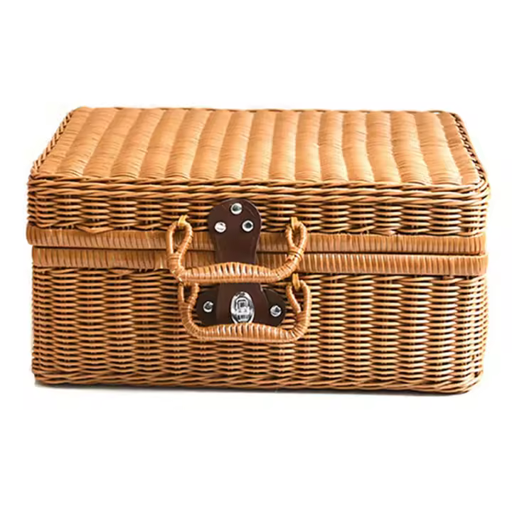Cesta de Picnic de mimbre de imitación Retro, Maleta tejida a mano, accesorios de fotografía, decoración del hogar, almacenamiento marrón - 1
