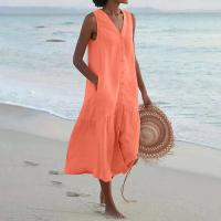 Verano suelto Casual Patchwork algodón en Pocktes cuello en V estilo de playa sin mangas Vintage Club Midi vestido de mujer sólido - details 6