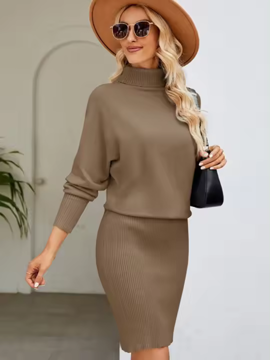 Vestido de Punto Largo para Mujer Cuello de Tortuga, Manga de Murciélago, Falda Sobrede Cintura Alta, Color Suave, Novedad 2025 - 1