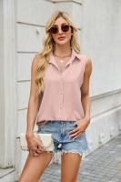 Camisa y blusa de verano para mujer, blusa holgada de gasa de Color sólido sin mangas con botones, hermosa en promociones, Tops femeninos - details 18