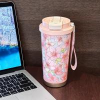 Termo portátil de acero inoxidable con diseño de flores, a prueba de fugas, capacidad de 500 ml, con pajita, doble pared, para viaje y uso en el coche. - details 1