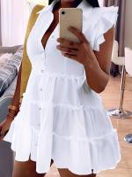 Vestido corto con ribete de volantes y botones en la parte delantera de manga en capas lisas para mujer, vestido informal de manga corta con cuello para verano, vestidos que ocultan la barriga para mujer, vestidos de verano 2025 - details 0