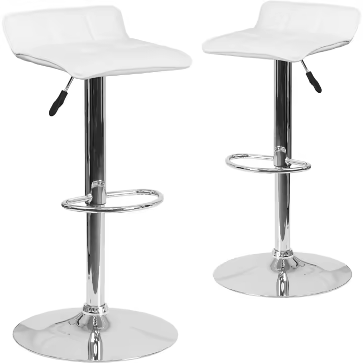 Juego de 2 taburetes contemporáneos de Vinilo Blanco de Altura Ajustable con Asiento Ondulado Acolchado y Base cromada - 1