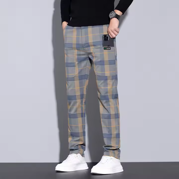 Pantalones grandes para hombre, pierna recta, elásticos, cómodos y versátiles, informales, a cuadros, primavera 2025 - 1