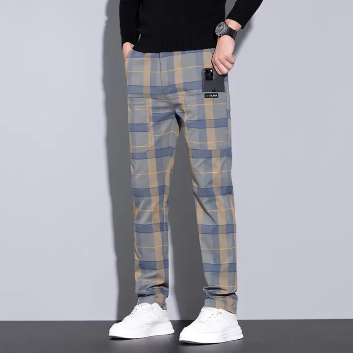 Pantalones grandes para hombre, pierna recta, elásticos, cómodos y versátiles, informales, a cuadros, primavera 2025 - 1