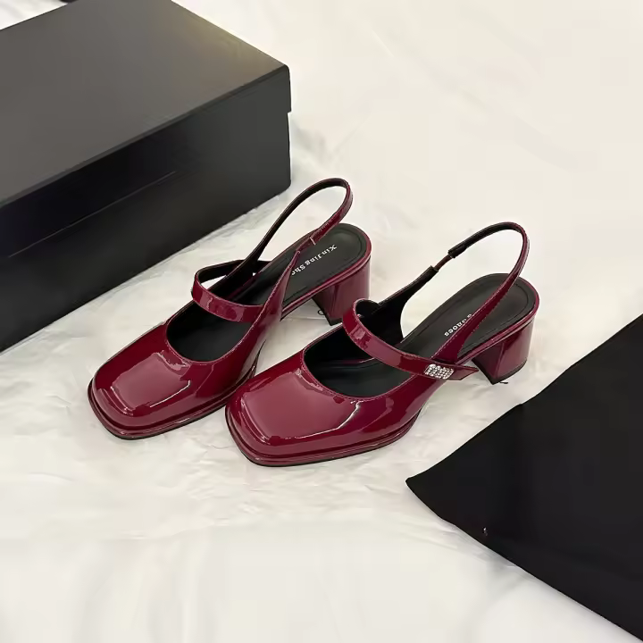 Bolsa francesa cabeza tacón medio solo zapatos nuevo estilo de hadas cabeza cuadrada tacón grueso Mary Jane trasero vacío solo zapatos - 1