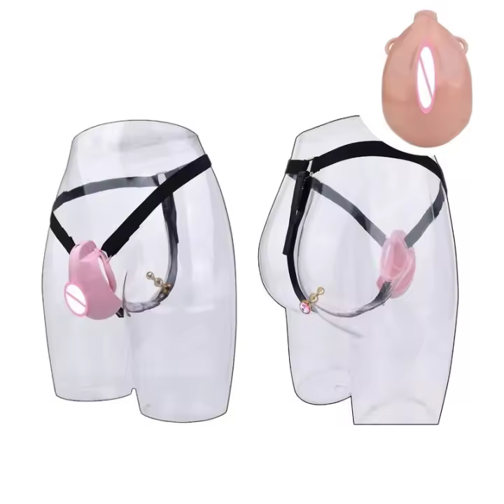 Empaque privado SEXY Vagina artificial usable Castidad Plug anal dorado Simulación de parte inferior femenina con 4 anillos de tamaño Jaula de abstinencia Gay 18+ - 1