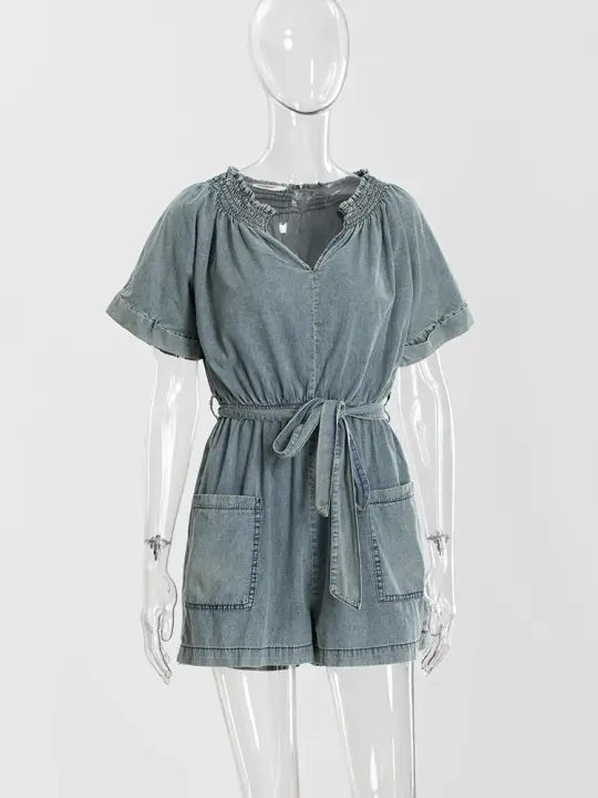 Mono de Cintura Alta con Cuello en V Conjunto Casual de Pantalones Cortos con Estilo Suelto, Manga Corta, Moda para Mujeres 2025 - 1