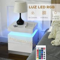 Mesita de noche con luces LED, 2 cajones y control remoto, para dormitorio o salón, 45x35x52 cm, blanco brillante - details 7