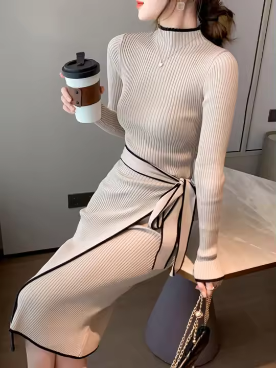 Elegante vestido de punto de encaje para mujer, moda de oficina. - 1
