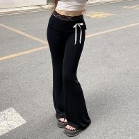 Pantalones acampanados de encaje para mujer, pantalones negros de cintura alta con lazo largo, ropa elástica cómoda de algodón estético - details 6