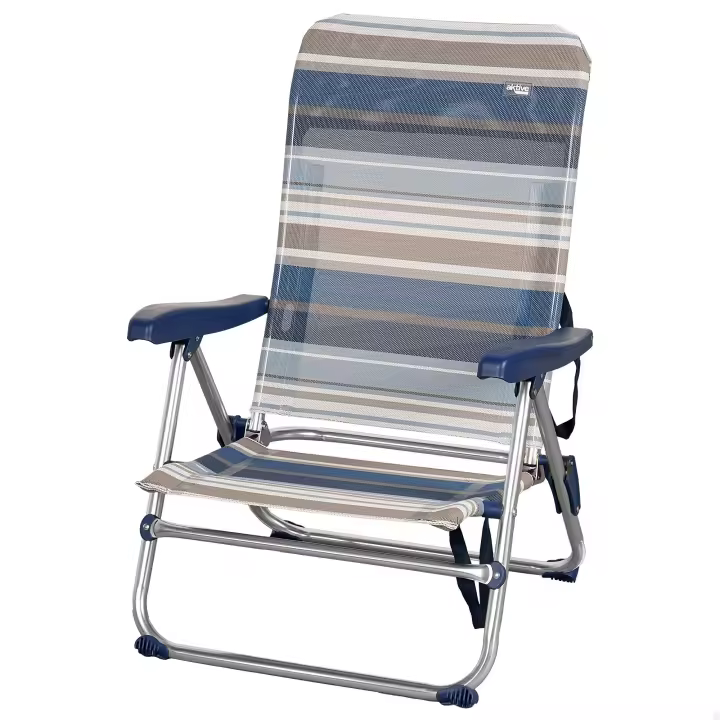 Silla de playa plegable baja 5 posiciones a rayas azules y grises Aktive - 1