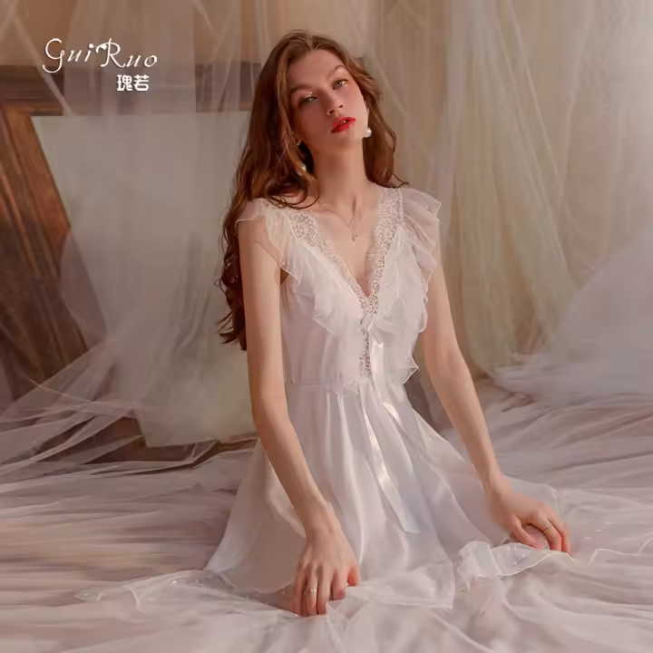 Camisón sexy con tirantes para mujer, ropa de casa con escote en V y encaje transparente, escote bajo, estilo europeo y americano, para verano - 1
