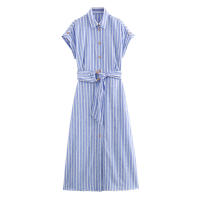2025 verano nuevo estilo europeo y americano mezcla de lino a rayas cinturón Midi decoración vestido falda corta ropa - details 1