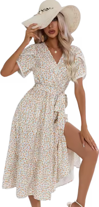 Vestido bohemio Retro de verano para mujer, manga corta, estampado básico, vestido de ventilación blanco S - 1