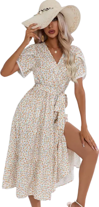 Vestido bohemio Retro de verano para mujer, manga corta, estampado básico, vestido de ventilación blanco S - 1