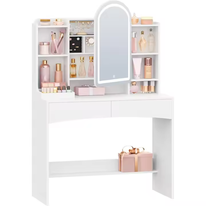 Tocador con luces LED de 3 colores con brillo ajustable, tablero grande de 90 cm, espejo redondo arqueado y organizador de joyas armario oculto detrás del espejo, 3 colores, blanco - 1