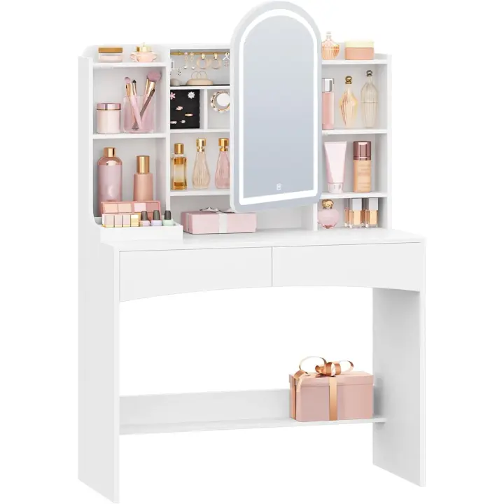 Tocador con luces LED de 3 colores con brillo ajustable, tablero grande de 90 cm, espejo redondo arqueado y organizador de joyas armario oculto detrás del espejo, 3 colores, blanco - 1