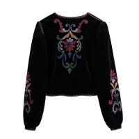 Chaqueta corta de terciopelo con bordado en contraste para mujer, abrigo Vintage de manga larga, prendas de vestir exteriores elegantes - details 2
