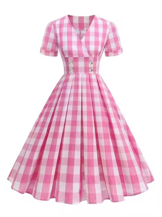 Elegante Vestido Rockabilly de Cintura Alta con Cuadros Blancos y Negros - 1