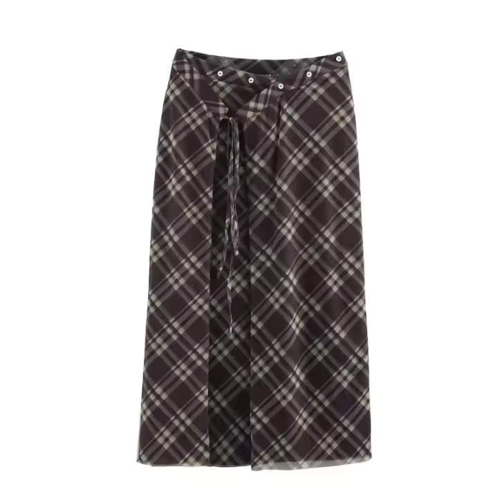 BUNO-Vintage Casual mujer falda a cuadros botón con cordones Falda larga recta nueva moda 2025 Primavera Verano vacaciones falda larga. - 1